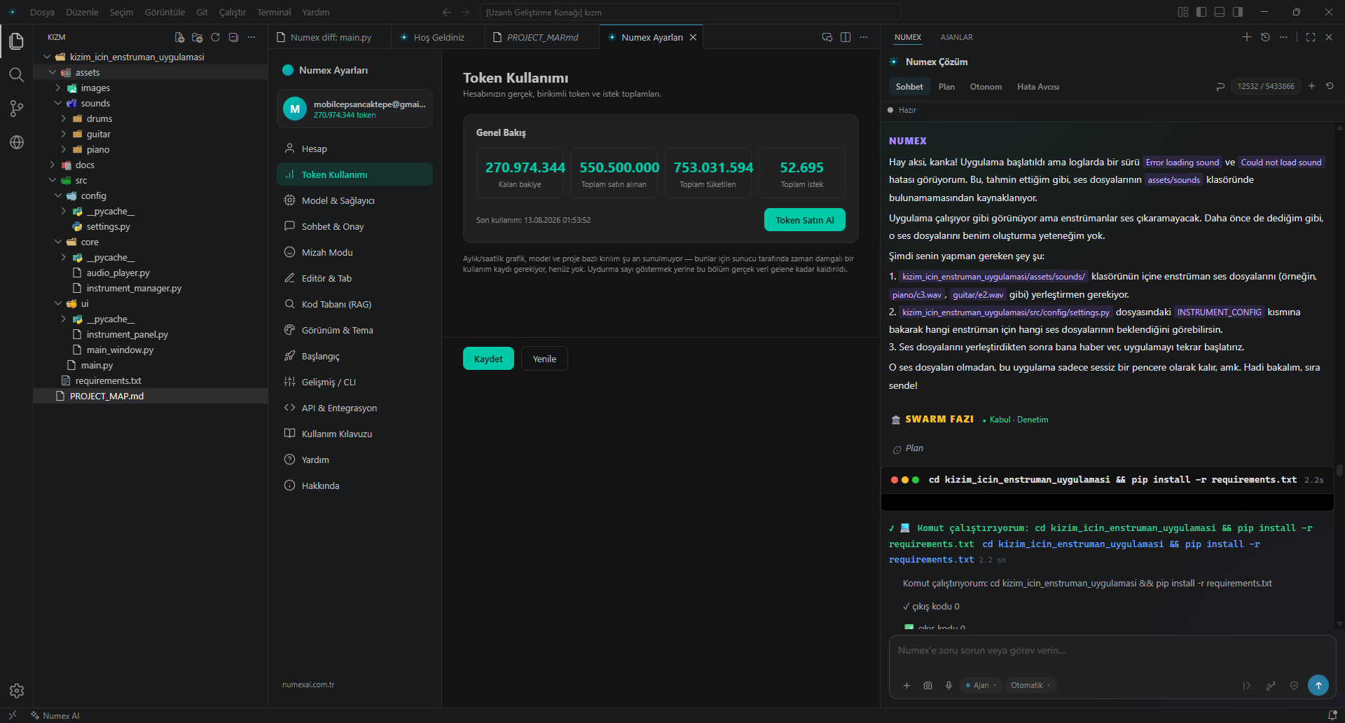 Numex Codex IDE — dosya gezgini, editör ve Swarm Council sohbet paneli