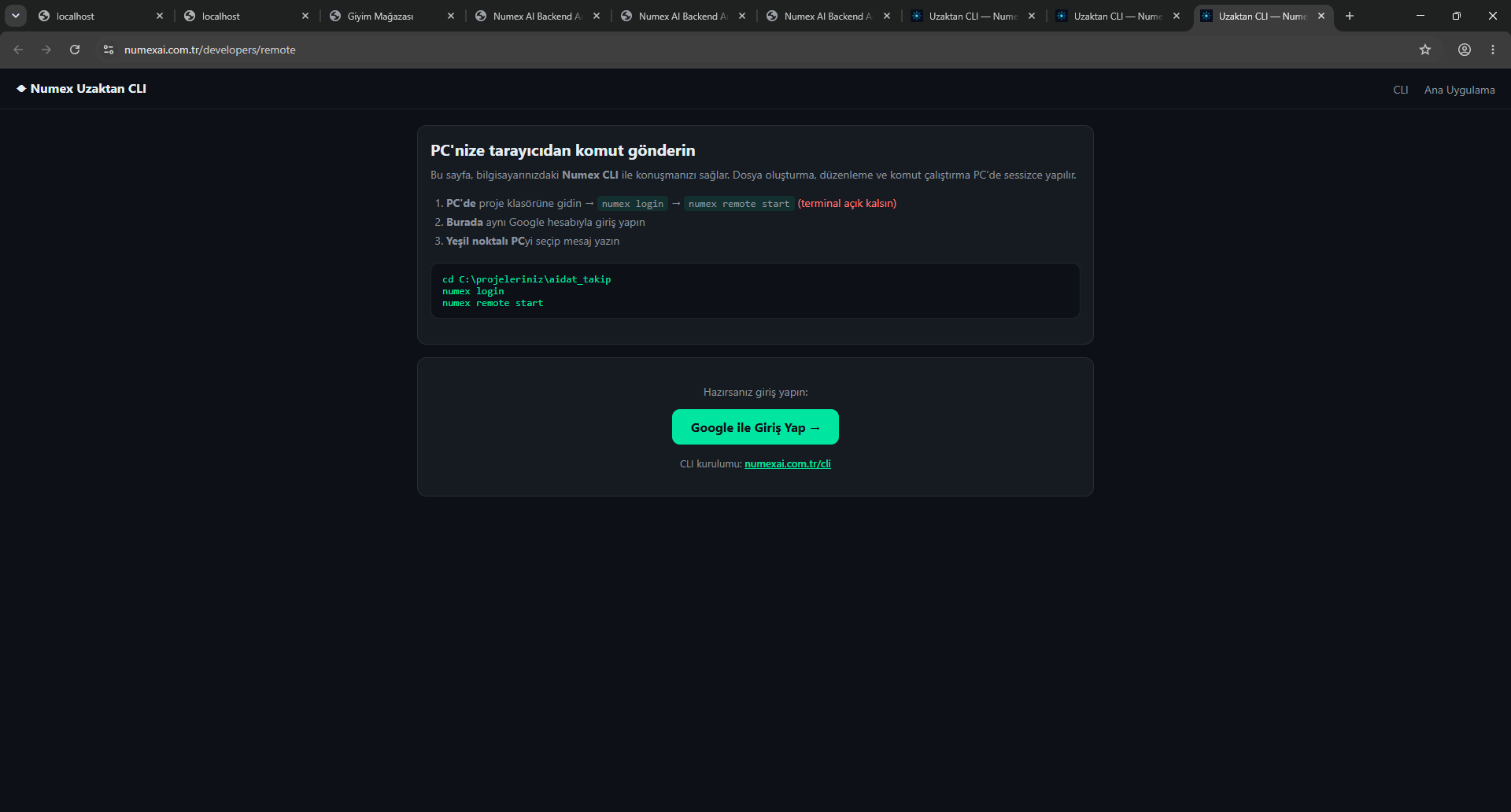 numexai.com.tr/developers/remote sayfası — Numex Uzaktan CLI